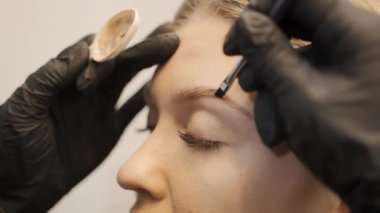 Usta kaşlarını özel bir fırçayla tarar. Genç bir kızın güzel yüzü bir güzellik salonu modeli. Yüksek kalite 4k görüntü