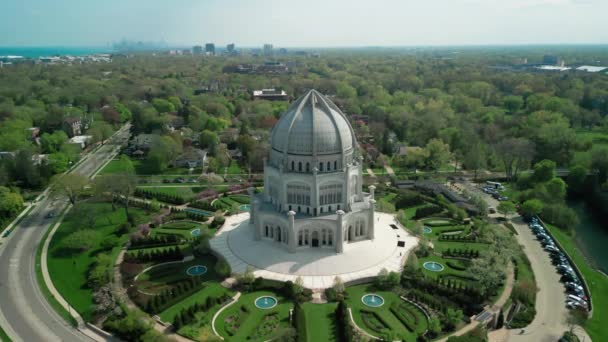 Aerial Shot Chicago White Temple House Worship Imágenes Alta Calidad — Vídeos de Stock