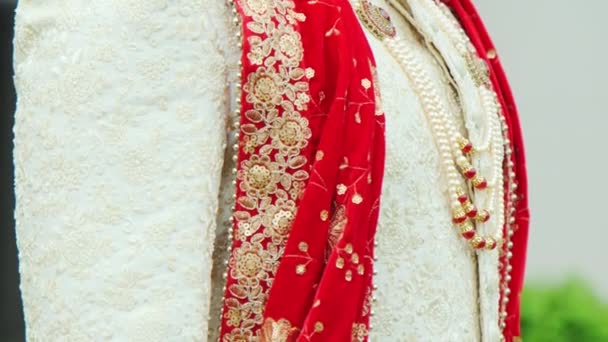 Närbild Bild Indiska Brudgummen Bär Traditionella Bröllop Bär Sherwani Högkvalitativ — Stockvideo