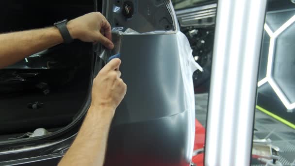 Process Applying Protective Ppf Film Car Hands Professional Applying Protective — Stock Video
