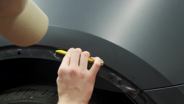 Process Applying Protective Ppf Film Car Hands Professional Applying Protective — Stock Video