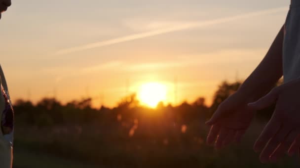 Äiti Lapsi Pitävät Toisiaan Kädestä Auringonlaskun Aikaan Siluetti Lapsena Vie — kuvapankkivideo