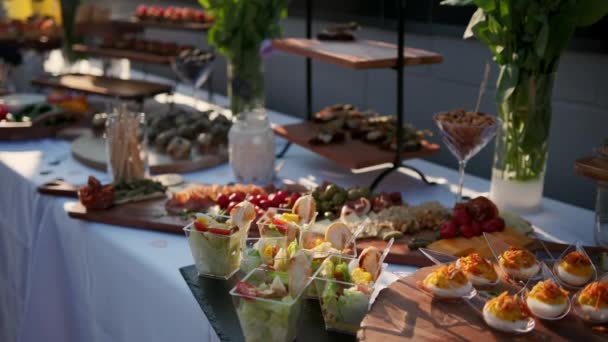 Feche Mesa Banquete Com Aperitivos Catering Restaurante Imagens Alta Qualidade — Vídeo de Stock