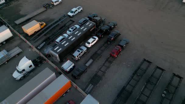 Trailer Semi Truck Driver Exiting Truck Stop Parking Lot Aerial — Stock Video