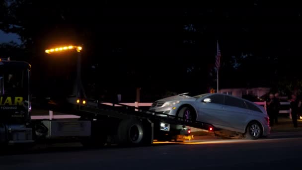 Tow Trucks Police Car Accident Scene Road Night Time High — Stock Video