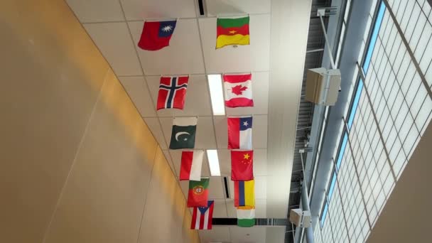 Muchas Banderas Diferentes Países Del Mundo Están Colgadas Sala Imágenes — Vídeo de stock