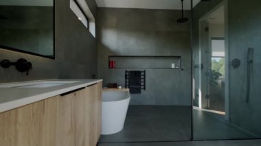 Modern Tiled Banyo 'nun elementleri modern evde, gayrimenkul içinde. Geniş çekim. - Evet. Yüksek kalite 4k görüntü