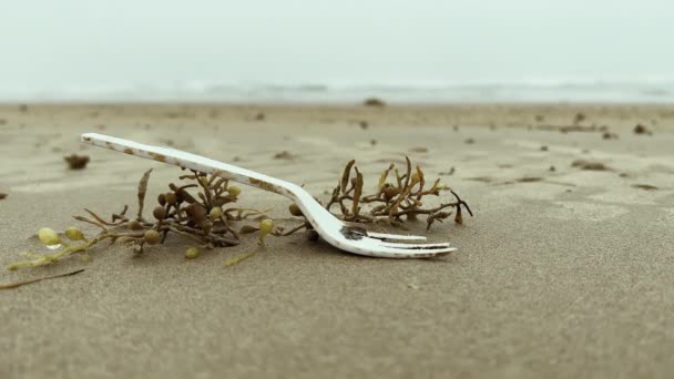 Foto Ravvicinata Della Spazzatura Plastica Sulla Spiaggia Sabbia Ecologia Inquinamento — Video Stock