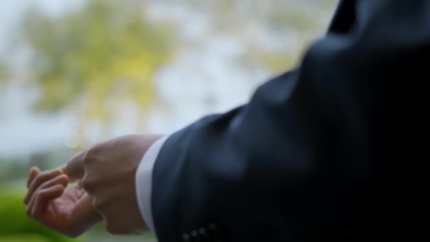 Close View Footage Groom Adjusts His Suit Slow Motion High — Stock Video