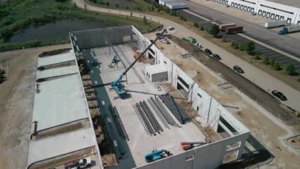 Construction Entrepôt Bâtiment Industriel Sur Charpente Légère Large Antenne Images — Video