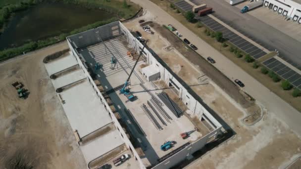 Construction Entrepôt Bâtiment Industriel Sur Charpente Légère Vue Dessus Images — Video