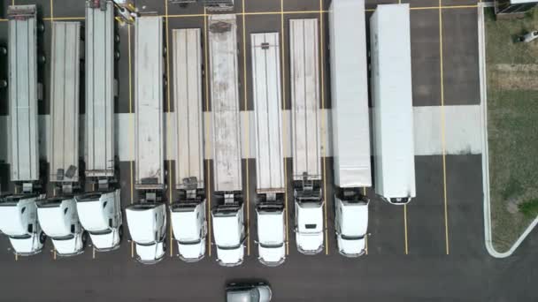 Estacionamento Armazém Logística Com Semi Caminhões Reboques Carga Aérea Acima — Vídeo de Stock