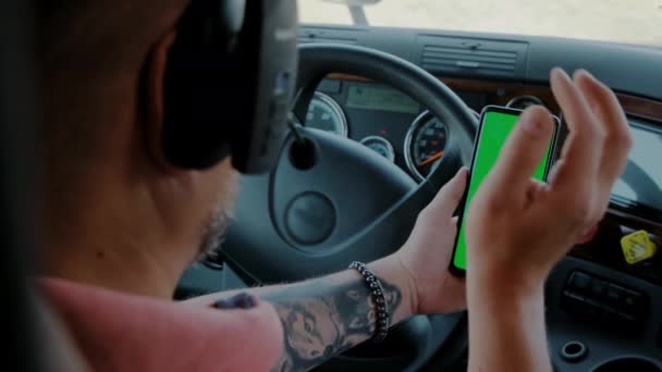 Driver Truck Holds Phone Green Screen His Hands Rear View — Stock Video