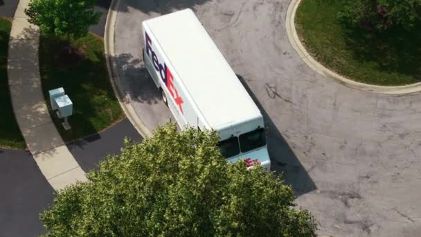Aerial View Fedex White Courier Van Delivering Mail Parcels Destination — Stock Video