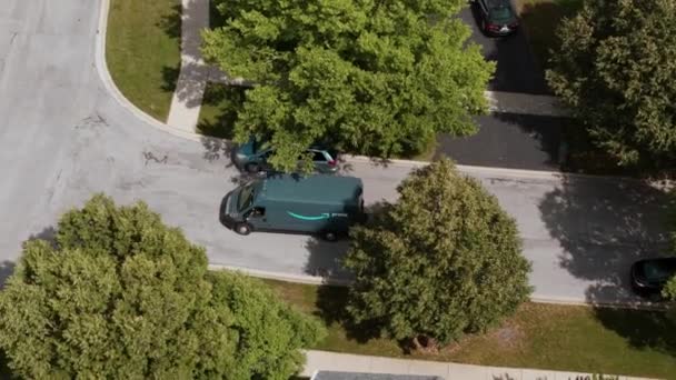 Amazon Delivery Truck Local Street Parking Suburbs Drone Shot Naperville — Stock Video