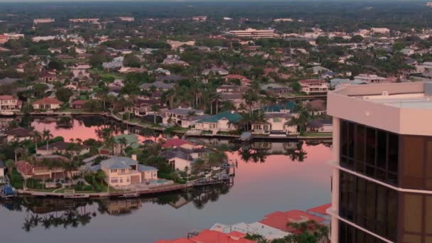 Aerial Zoom Shot Bay Buildings City Naples Florida Sunset Time — Stock Video