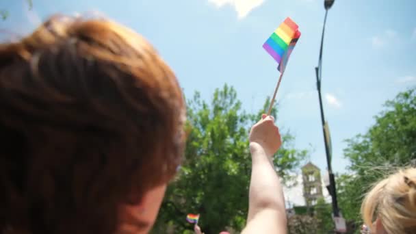 Woman Hold Pride Flag People Pride Parade Close Shot High — Stock Video
