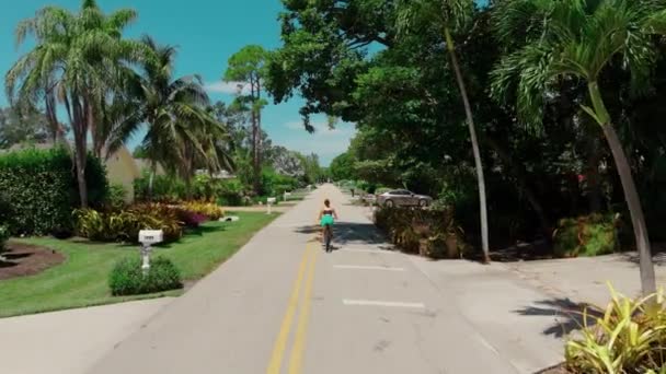Vista Aérea Uma Mulher Monta Uma Bicicleta Entre Palmeiras Verdes — Vídeo de Stock