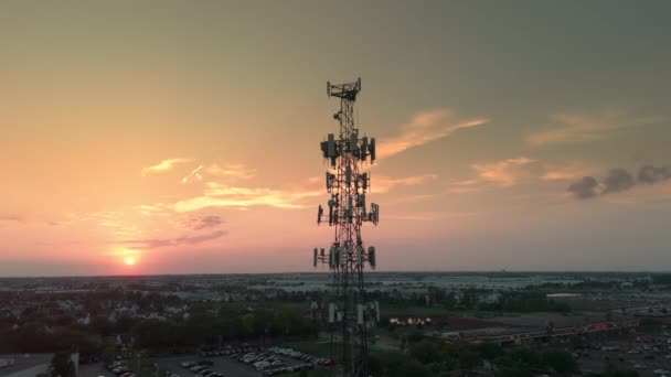 Television Radio Telephone Tower Cityscape Sunset Time Wide Drone Shot — Stock Video