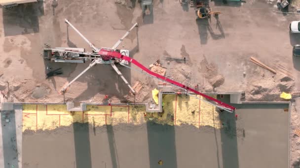 Aerial Top View Residential Commercial Construction Site Concrete Truck Mixers — Stock Video