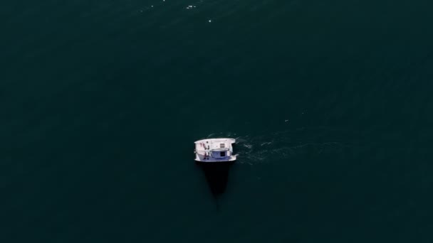 Белая Лодка Салом Плывущая Морю Ярким Солнечным Светом Поверхности Воздушный — стоковое видео
