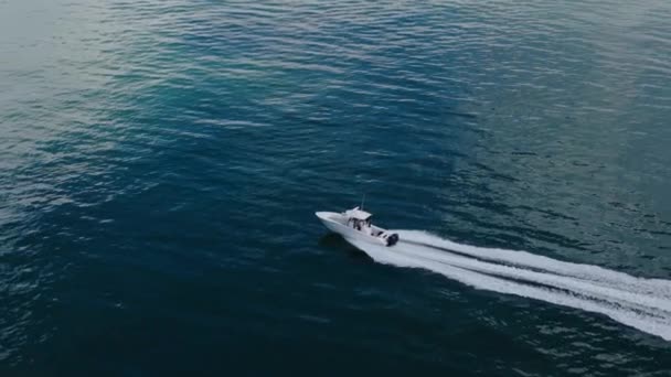 Вид Беспилотника Белую Лодку Плывущую Синему Морю Движется Высокой Скорости — стоковое видео
