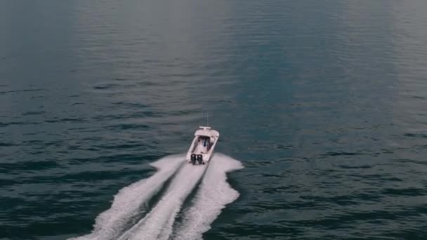 Воздушный Снимок Белой Лодки Плывущей Синему Морю Движется Высокой Скорости — стоковое видео