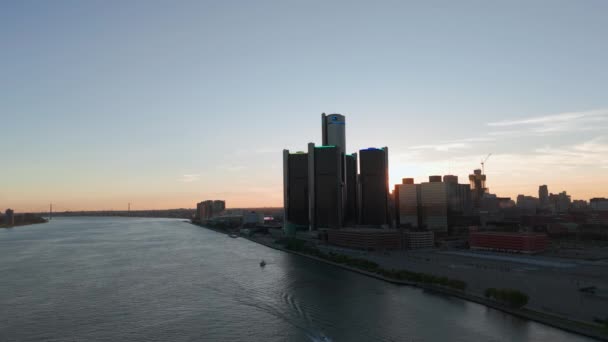 Drone Bred Bild Staden Detroit Centrala Affärsdistriktet Och Detroit Floden — Stockvideo