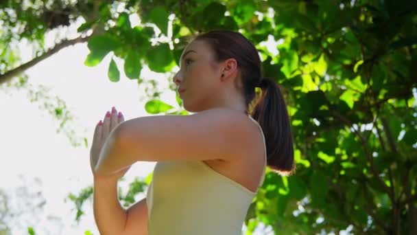 在美丽的热带后院花园练习瑜伽时 穿着运动服的女人站在姿势上的画像 高质量的4K镜头 — 图库视频影像