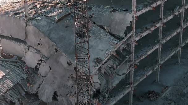 Machinery Working Get Rid Rubbish Demolition Site Aerial Zoom Shot — Stock Video