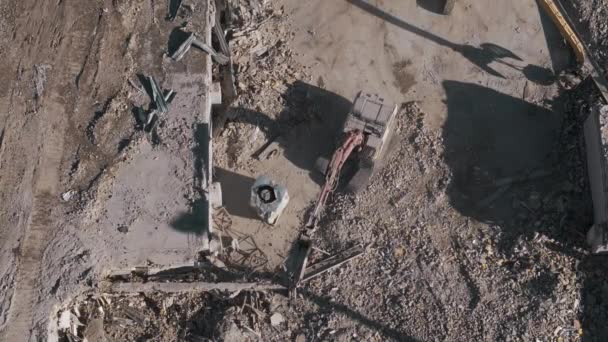 Drone Shot Destroyed Buildings Demolition Building Excavator Working Rubbish Demolition — Stock Video