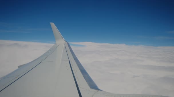 Amplio Plano Avión Volando Las Nubes Ala Del Avión Visto — Vídeos de Stock