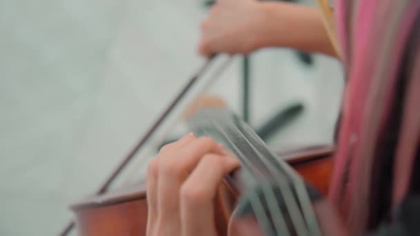 Vista Cerca Mano Mujer Tocando Violonchelo Instrumentos Músicos Orquesta Imágenes — Vídeos de Stock