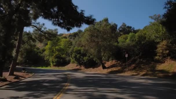 ハリウッドの丘の上の田舎の道路を運転する車のPovワイドショットは 晴れた日にサインと天文台に署名します カリフォルニア アメリカ 高品質の4K映像 — ストック動画