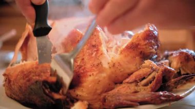 Evde tatilini kutlamak için akşam yemeğinde kızarmış Şükran Günü hindisini bıçakla kesiyorum. Çekim görüntülerine yakın çekim. Yüksek kalite 4k görüntü