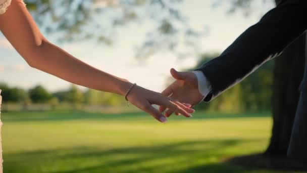 手を握って歩いている結婚式のカップルの近くの眺め スローモーションで撮影 高品質の4K映像 — ストック動画