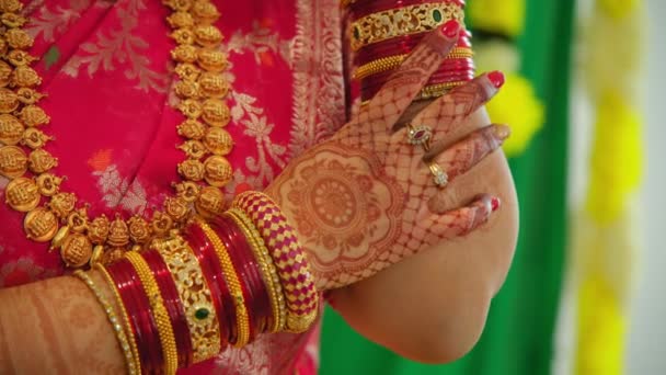Detailní Záběr Prvků Ženy Tradičních Indických Šatech Hinduistické Svatbě Pohni — Stock video