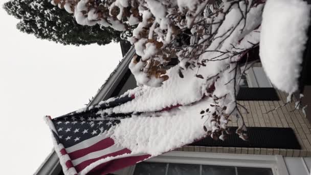 Amerikaanse Vlag Het Bouwen Sneeuwstorm Verticaal Schot Hoge Kwaliteit Beeldmateriaal — Stockvideo