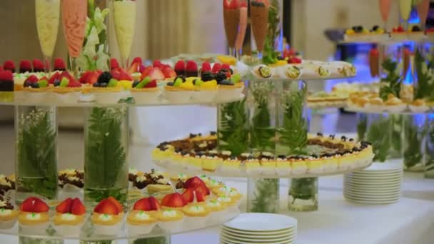 Candy Bar Sweets Stands Delicious Desserts Banquet Sponge Cakes Wedding — Stock Video