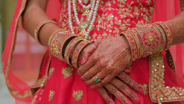 Vrouw Gekleed Traditionele Indiase Kleren Element Van Hindoeïstische Bruiloft Sluit — Stockvideo