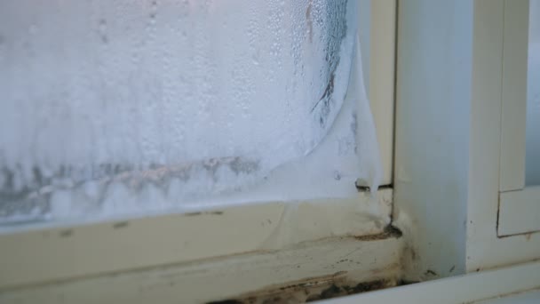 Συμπυκνωμένες Φυσαλίδες Πάγου Παλιά Παράθυρα Στο Σπίτι Κλείσε Υψηλής Ποιότητας — Αρχείο Βίντεο