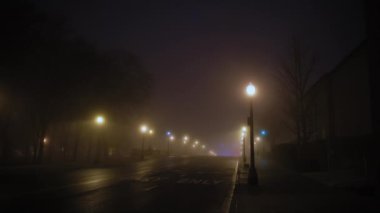 Arabalar gece vakti sis yolunda ilerler. Chicago Caddesi. - Evet. Yüksek kalite 4k görüntü