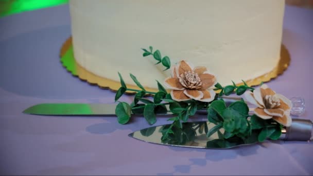 刀和婚礼蛋糕在标签上 高质量的4K镜头 — 图库视频影像