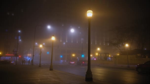 Αυτοκίνητα Οδηγούν Άδειο Δρόμο Ομίχλης Νύχτα Οδός Σικάγο Υψηλής Ποιότητας — Αρχείο Βίντεο