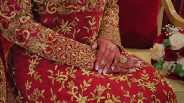 Geleneksel kırmızı Hint kıyafetleri giymiş bir kadının görüntülerini kapatın ve bir parça el mehndi. Kamera görüntülerini oynat. Yüksek kalite 4k görüntü