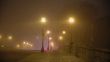 Sisli gecenin boş yolu. Chicago Caddesi. Ağır çekim. Yüksek kalite 4k görüntü