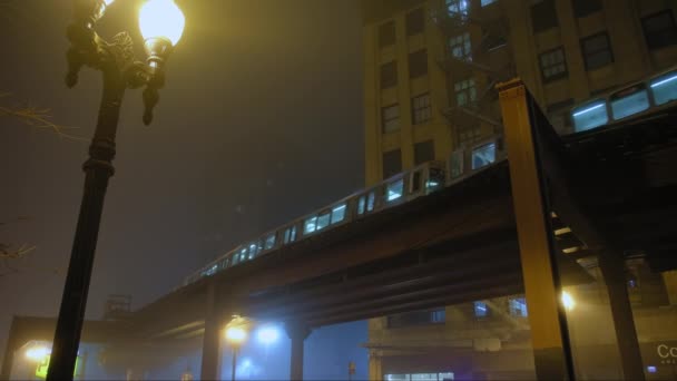 Zug Fährt Bei Nebliger Nacht Auf Hochgleis Bahn Der Innenstadt — Stockvideo