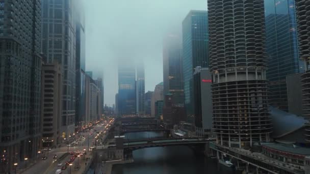 Drone Aerial Shot Downtown Chicago Fog Chicago Usa Jan 2024 Royalty Free Stock Video