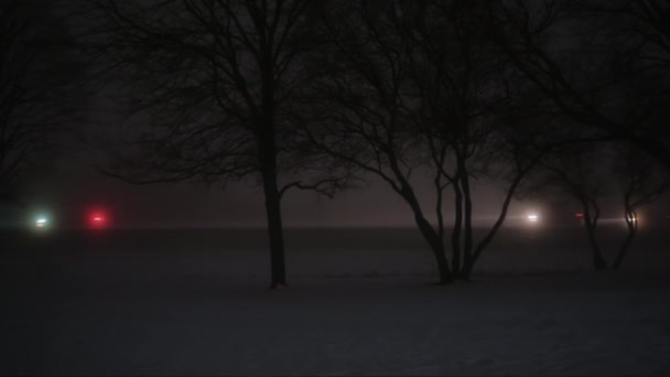 Ночью Машины Движутся Тёмной Улице Густым Туманом Высококачественные Кадры — стоковое видео
