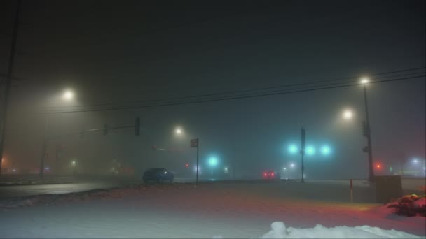 Wide View Cars Pass Crossing Dark Street Night Heavy Fog — Stock Video